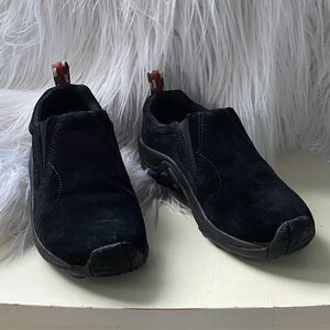 Merrell Black Slip-On Moccasin Shoes with Red Accent Pull Tabs